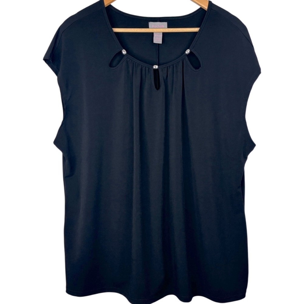 Rochelli Black Sleeveless Cutout Pleat Front Silver Bead Accent Blouse 2X